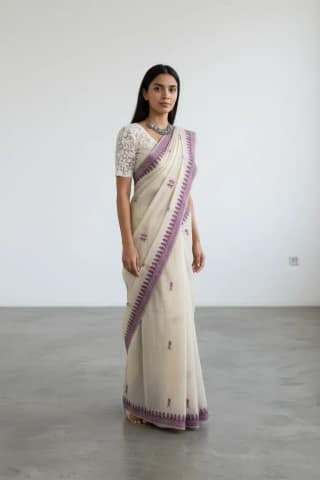 Sambalpuri Baandha Cotton Saree in Beige with Purple Ikat Border