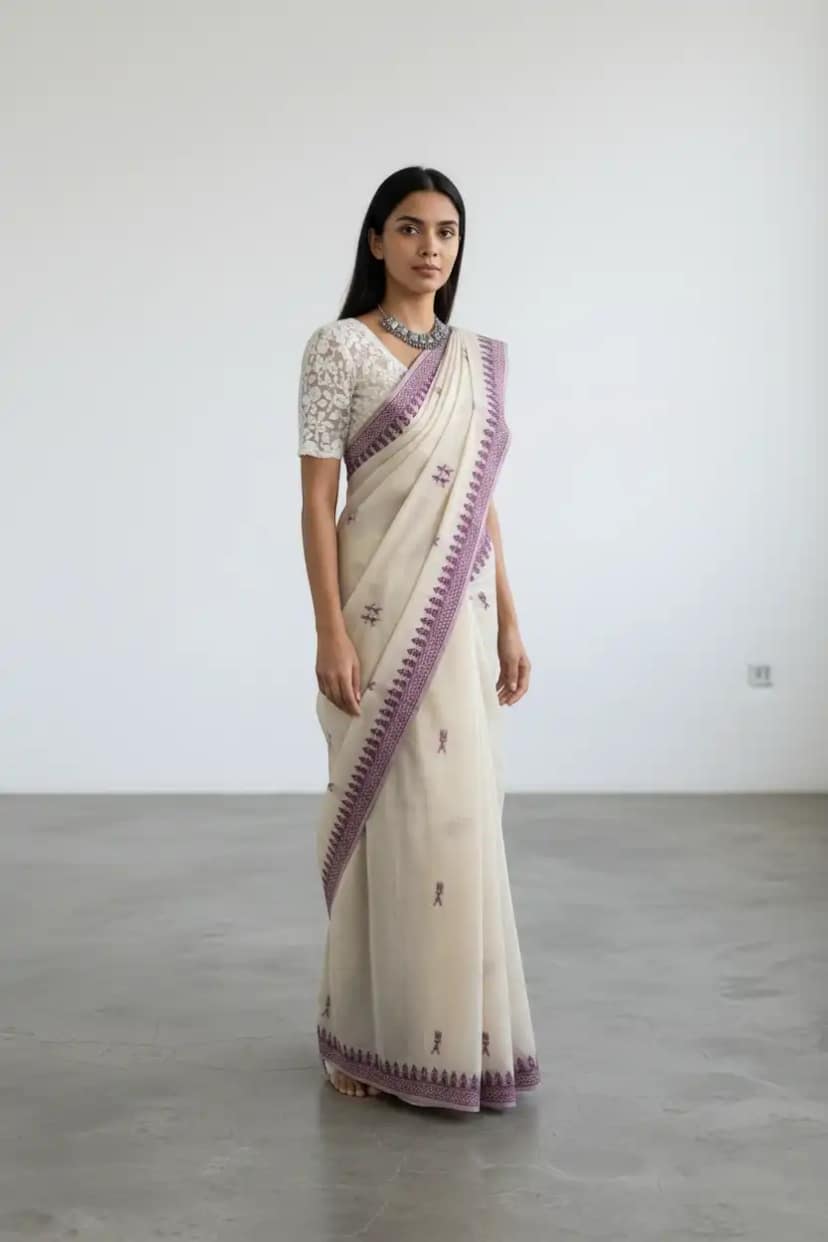Sambalpuri Baandha Cotton Saree in Beige with Purple Ikat Border
