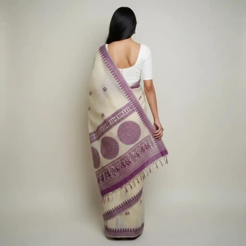 Sambalpuri Baandha Cotton Saree in Beige with Purple Ikat Border view 2