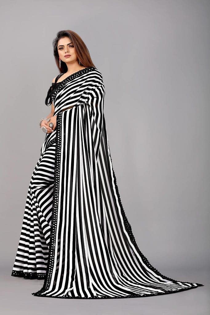 Dream Crushers Women's Georgette Black & White Striped Saree Zebra style Printed Lining Pattern with Sequence Lace Border with Blouse Piece view 5