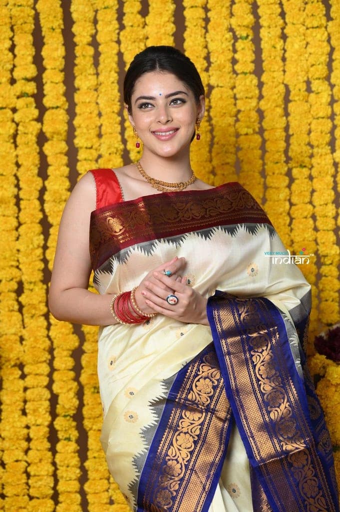 Rajsi~ Handloom Pure Silk Gadwal Saree Handcrafted Zari Pallu In White and Blue Border view 2