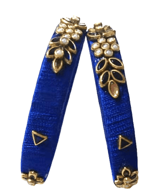 Elegant Royal Blue Silk Thread Bangles with Gold & Pearl Embellishments