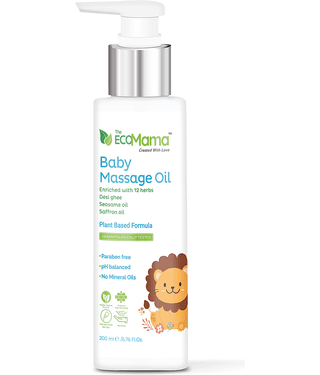The Eco Mama Baby Massage Oil infused with 12 Herbs, Desi Ghee, Mulethi Oil & Chamomile (200 ML)| Helps strengthen bones and muscle development | Suitable for all skin type