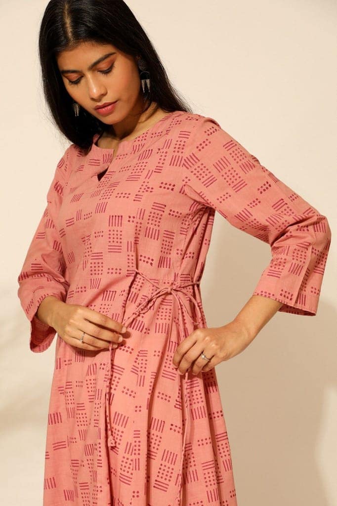 Tiera Pink Block Printed Flared Kurta view 4