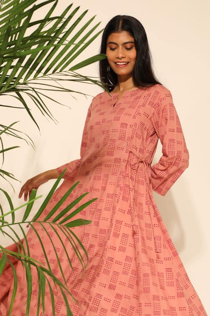 Tiera Pink Block Printed Flared Kurta view 6