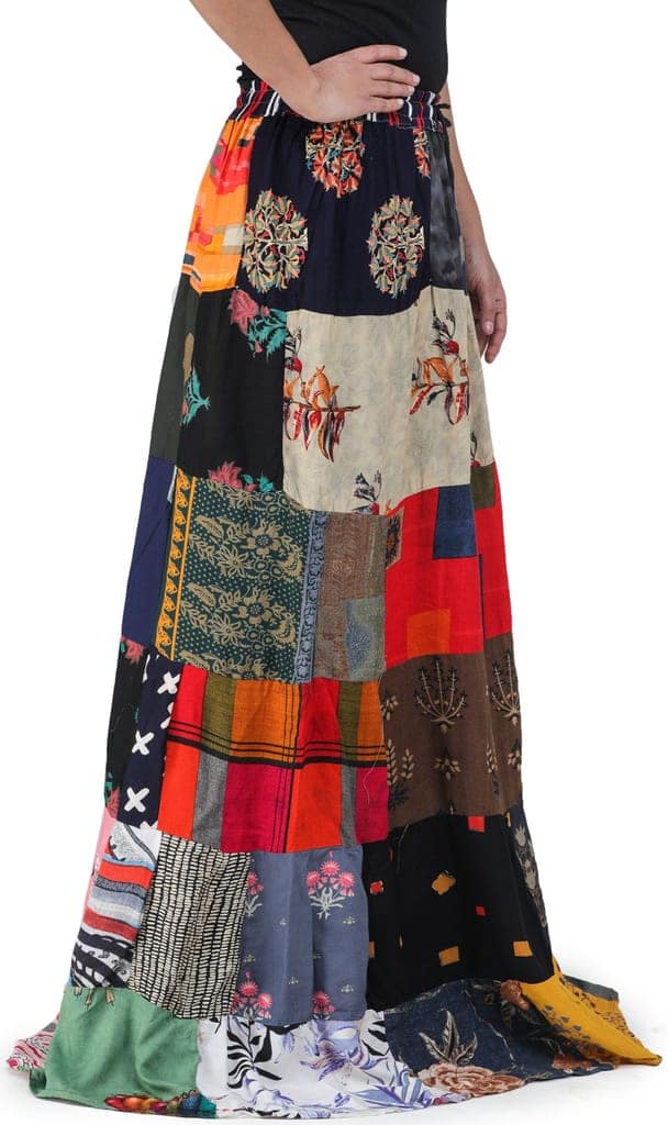 Red-Blue Printed Long Boho Skirt from Gujarat with Patch Work view 2