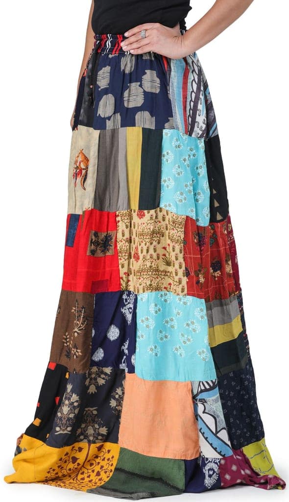 Red-Blue Printed Long Boho Skirt from Gujarat with Patch Work view 3