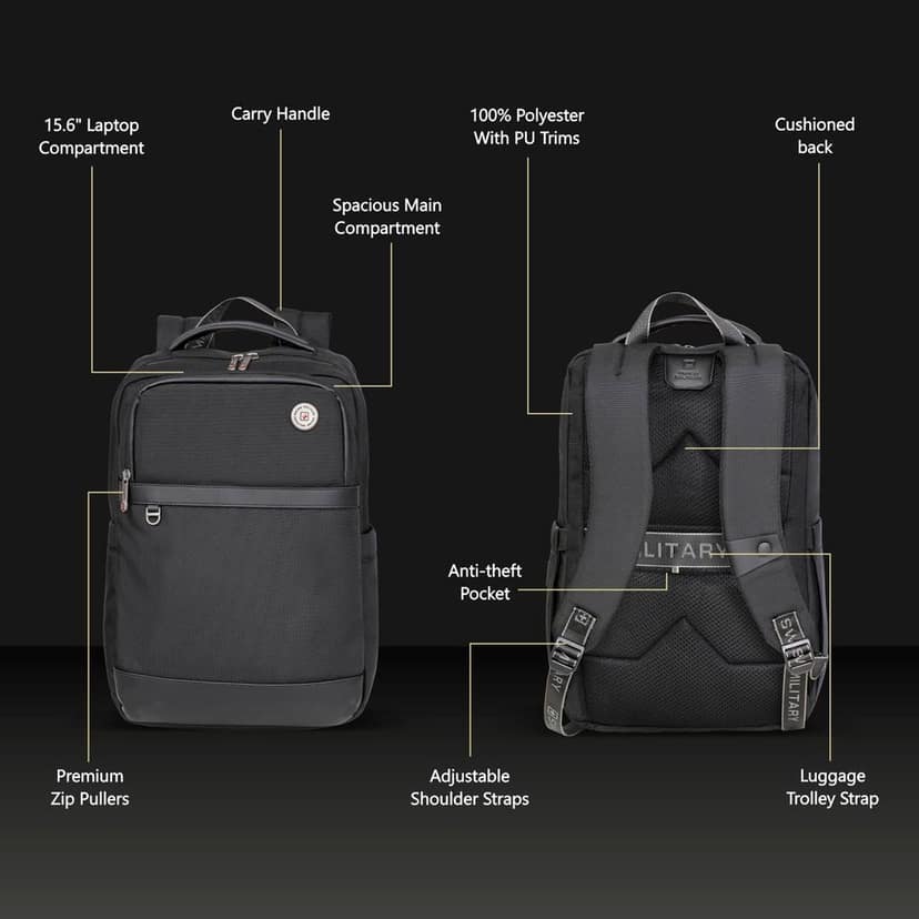 Black & Gold Collection Wesely Laptop Backpack Bag With 15.6”Laptop Compartment & Anti-Theft Pocket, 1680D Polyester, Sunglass Holder, Trolley Strap for Unisex Travel Bag (16L) view 3