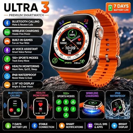 Smart Watch Ultra3 7 in 1 Straps 2.01 Infinite Display BT Calling Sports Mode Fitness 7 Belt for Men & Women Smartwatch view 3