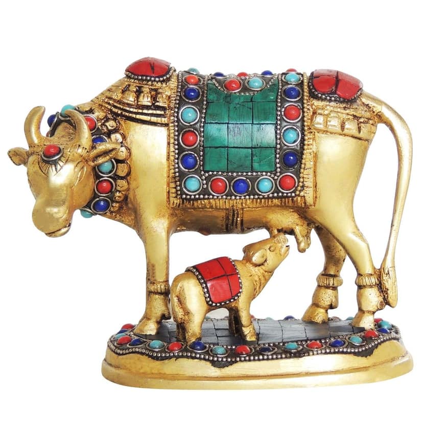 Brass Cow and Calf Stone Work Showpiece - Spiritual Gaye Bachdha Murti for Home & Office, Height : 5.5 Inch (BSMAS210) view 2