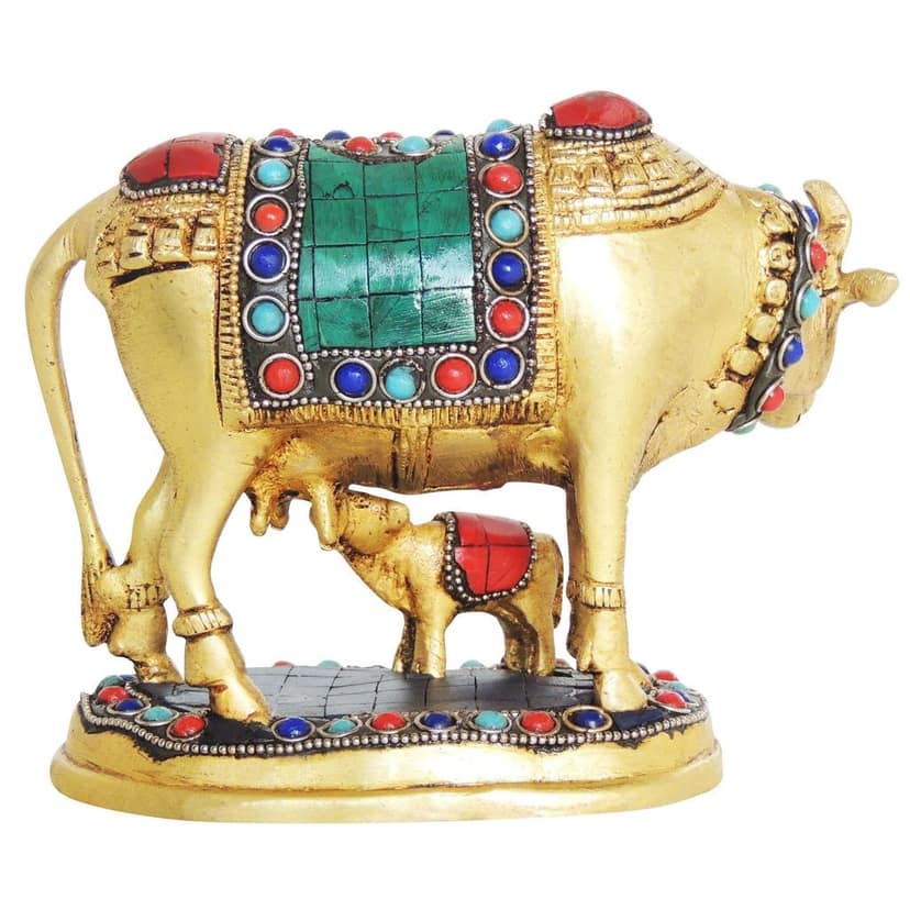 Brass Cow and Calf Stone Work Showpiece - Spiritual Gaye Bachdha Murti for Home & Office, Height : 5.5 Inch (BSMAS210) view 3