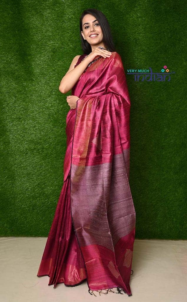 Handwoven Raw Dupion Silk - Elegant Pink with Mauve Pallu view 3