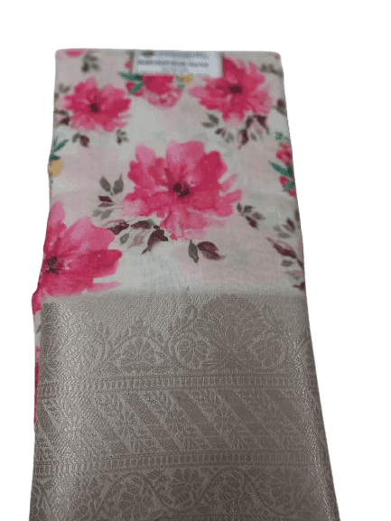 Cream and Pink Floral Saree With Silver Zari Border 6 meters with combined blouse