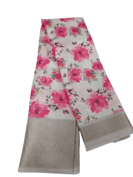 Cream and Pink Floral Saree With Silver Zari Border 6 meters with combined blouse view 2