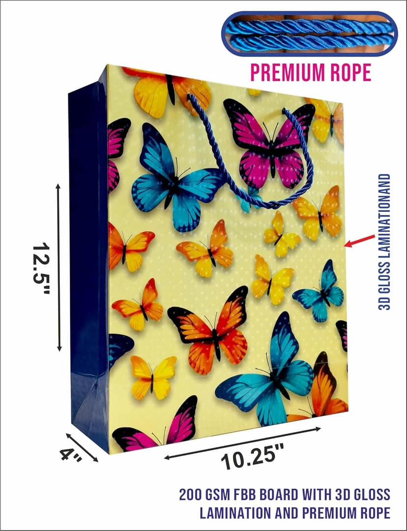 Premium Butterfly 200 GSM 3D Gloss Lamination Paper Gift Bags, Ideal For Premium Gifting, Wedding Gifts, & Gifting on Special Occasions (Size: 12.5 x 10.25 x 4 inch) - 5 view 2