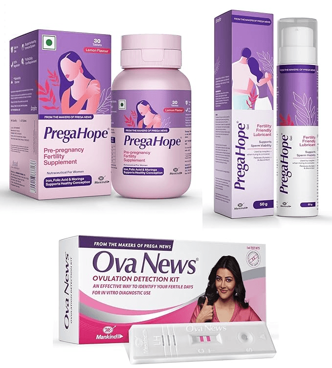 PregaHope Complete PrePregnancy Kit for Women Includes Fertility Supplement (30 Tablets) Fertility Lubricant Gel (50g) and Ova News Ovulation Detection Kit (5 Strips) by Mankind