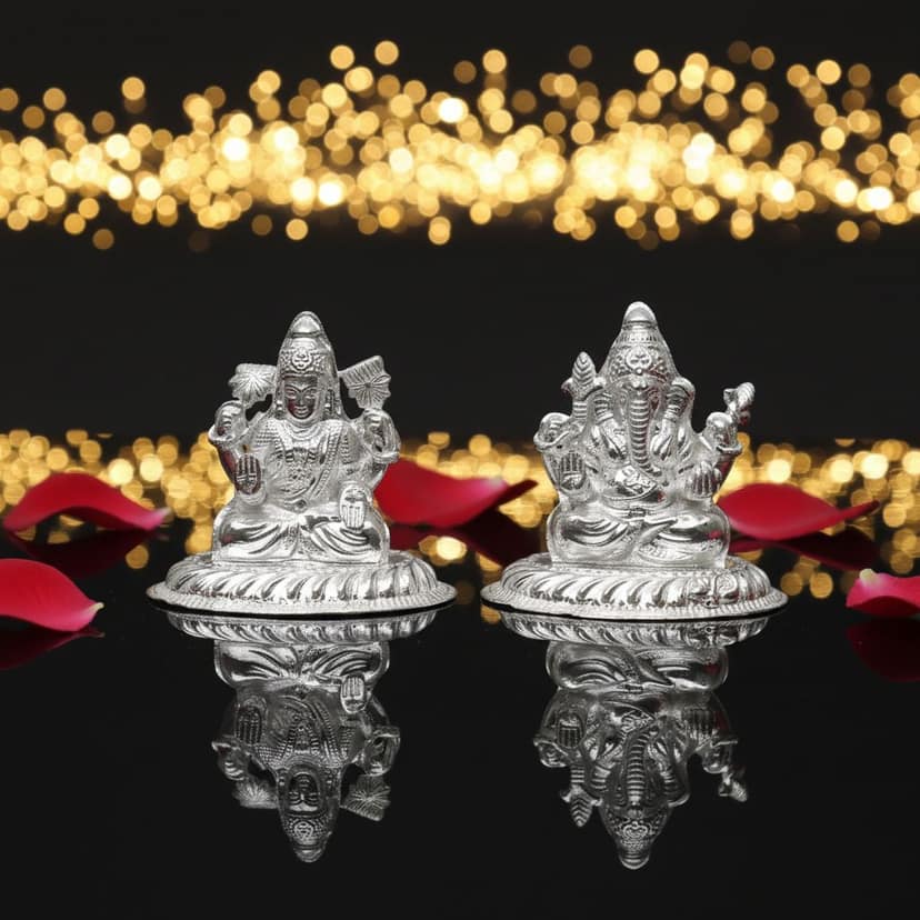 Pure Silver Lakshmi Ganesh Idol Set | 925 Hallmarked Laxmi Ganesha Murti for Puja, Diwali Gift, Home Temple Décor view 3