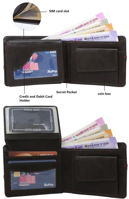 LOREM Brown Out Color Stitching Bi-Fold Faux Leather 4 ATM Card Slots Wallet for Men WL07-UF view 4