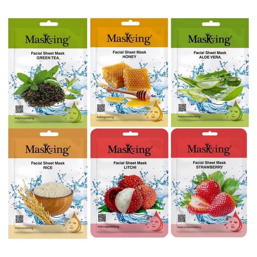 Masking Beauty Facial Sheet Mask for Skin Glowing, Brightening, Regeneration and Calming Face Sheet Mask with Real Extracts ideal for women & Men (Combo of 6 Pack)