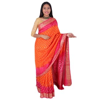 Tribes India Handwoven Orange and Neon Pink Bandhej saree