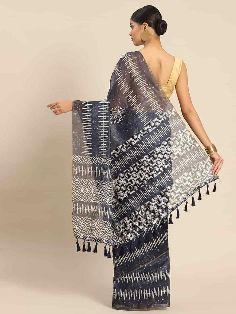 Women's Pure Cotton block print saree with unstiched blouse piece view 2