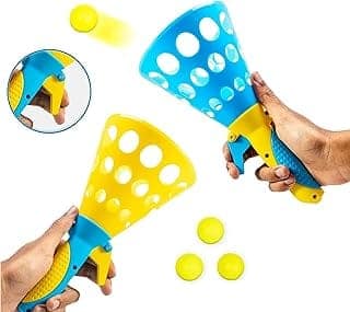 Click and Catch Twin Ball Launcher Game with 3 Balls Indoor Outdoor Toy Set, Pop & Catch Ball Play Fun Boys & Girls - Multicolor