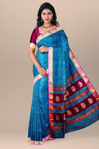 Blue Buti Handwoven Maheshwari Silk with Zari Border and Carry Buta Palla Saree SKU- BS10129