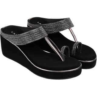 Lazera Black Wedge Sandals for Women Diamond T Strap Cushioned Footbed Rubber Sole