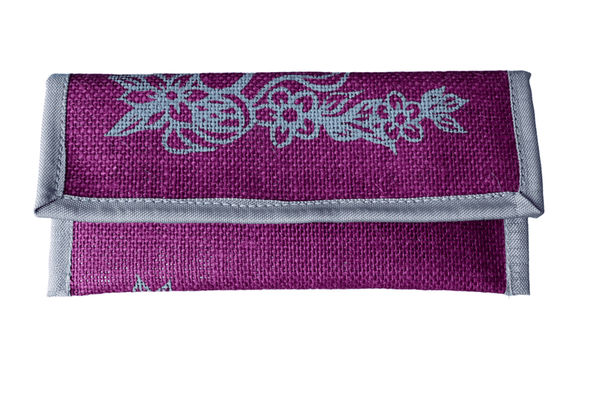 Purple jute clutch purse with floral print and gray trim