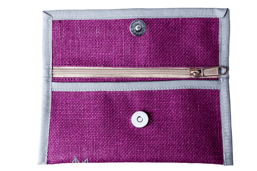 Purple jute clutch purse with floral print and gray trim view 3