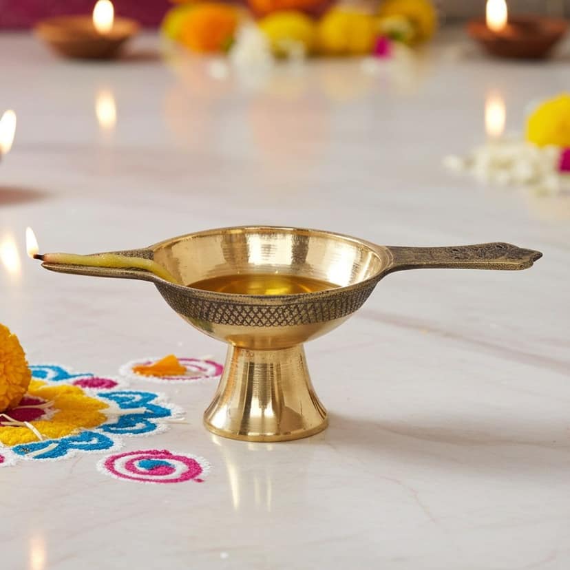 Brass Table Decor Oil Lamp Deepak No. 5 - Extra Large Brass Diya for Festivals, Height : 2.3 Inch (FMAS626 F)