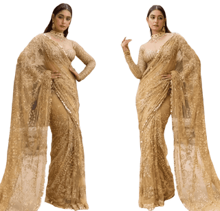 Gold Brown Readymade Designer Partywear sarees with stitched blouse New Ready To Wear Wedding Saree