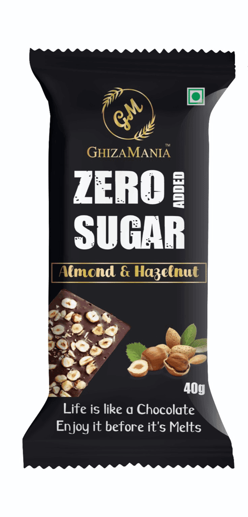 GHIZAMANIA ALMOND & HAZELNUT ZERO ADDED SUGAR | 40g | PACK OF 1 | 54% DARK CHOCOLATE BAR | SUGAR FREE CHOCOLATE BAR | VEGAN & GLUTEN FREE CHOCOLATE BAR. view 2