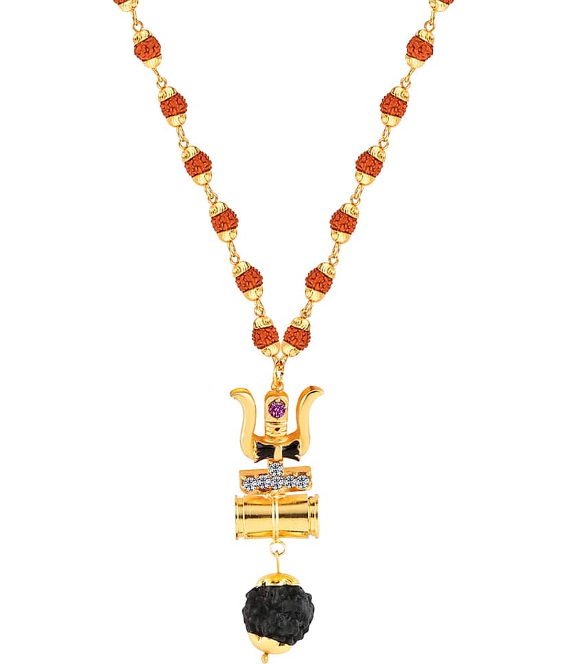 SILVER SHINE Gold Plated Load Shiva Trishul Locket with Rudraksha Mala for Men and Women