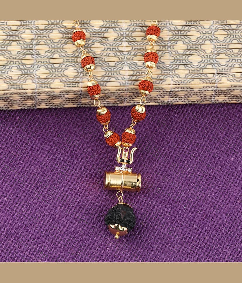 SILVER SHINE Gold Plated Load Shiva Trishul Locket with Rudraksha Mala for Men and Women view 2