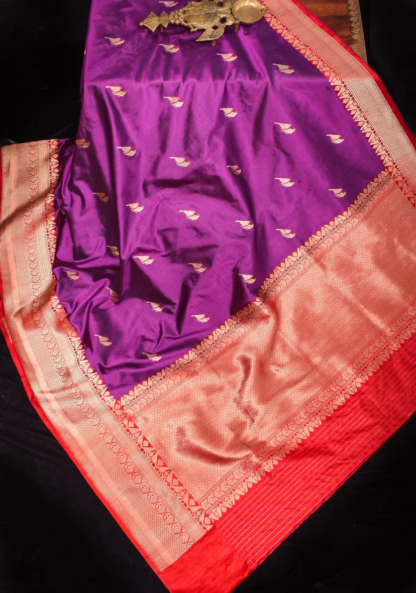 Sparrow Butta Shikaargah Banarasi Meenakari Saree in Purple and Red | Silk Mark Certified view 2