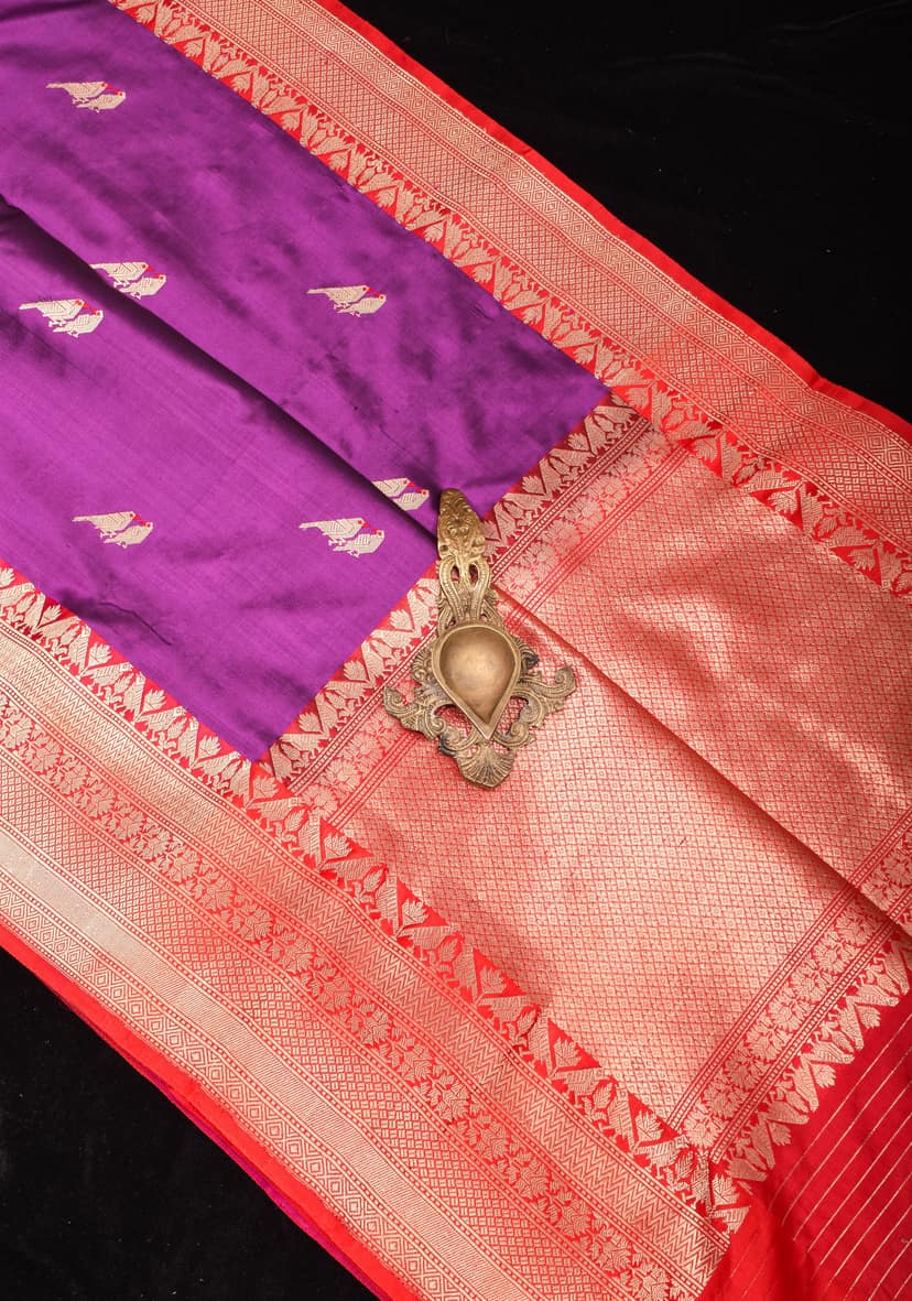 Sparrow Butta Shikaargah Banarasi Meenakari Saree in Purple and Red | Silk Mark Certified view 3