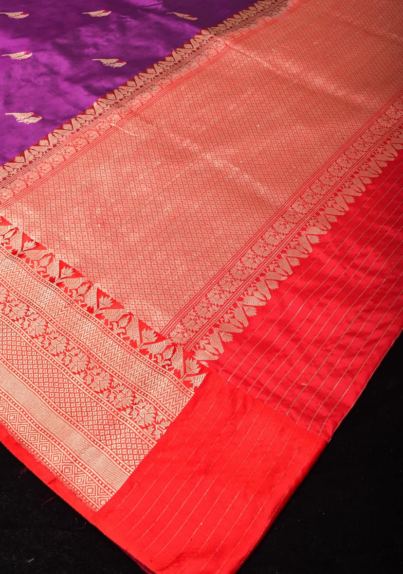 Sparrow Butta Shikaargah Banarasi Meenakari Saree in Purple and Red | Silk Mark Certified view 7