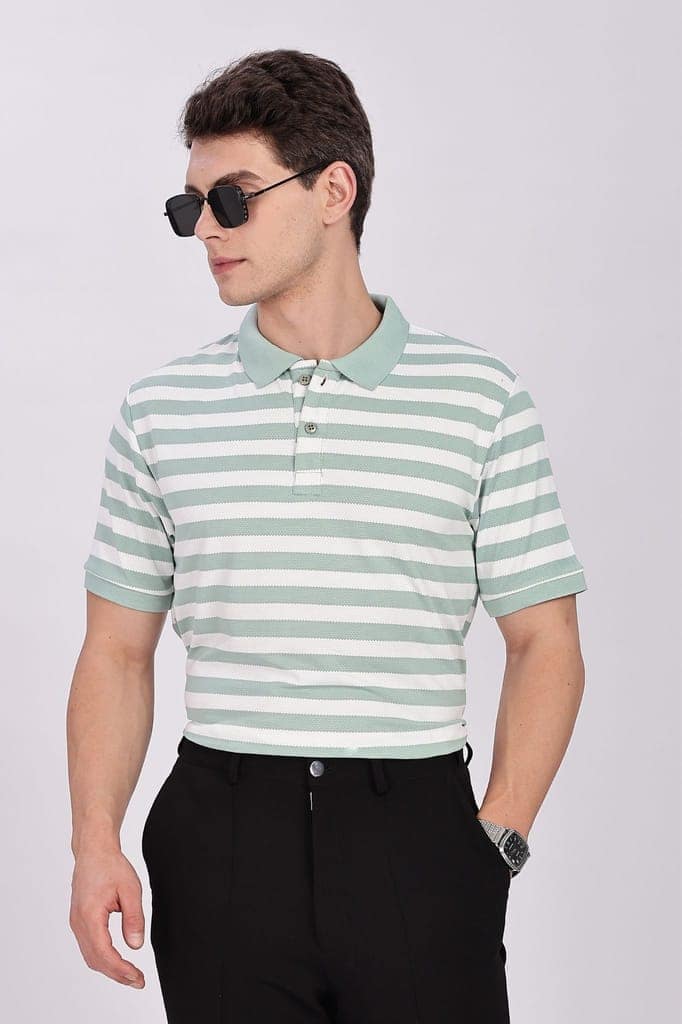 Puff Cotton Green & White Striped Polo view 3