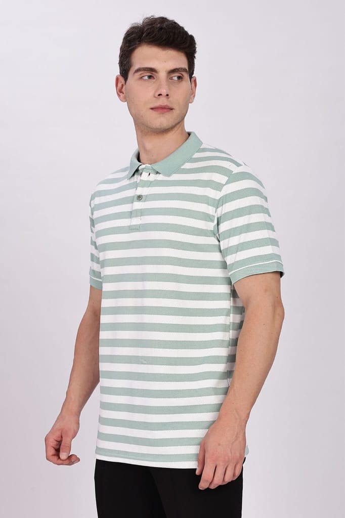 Puff Cotton Green & White Striped Polo view 5