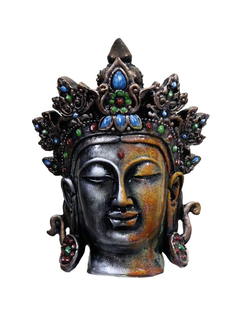 COPPERHOARD Antique Art Multicoloured Tara Devi Goddess Tara Resin Meditating Buddha Head Statue with Beautiful Smile and Crown for Home Decor and Gifting.