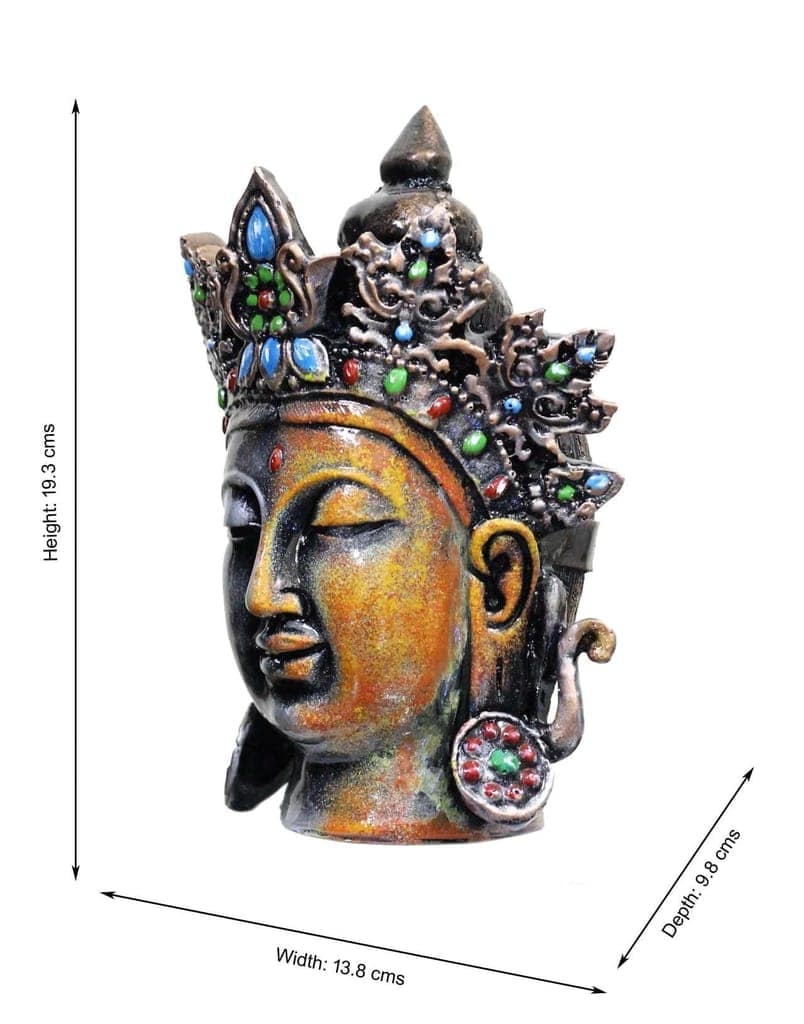 COPPERHOARD Antique Art Multicoloured Tara Devi Goddess Tara Resin Meditating Buddha Head Statue with Beautiful Smile and Crown for Home Decor and Gifting. view 2