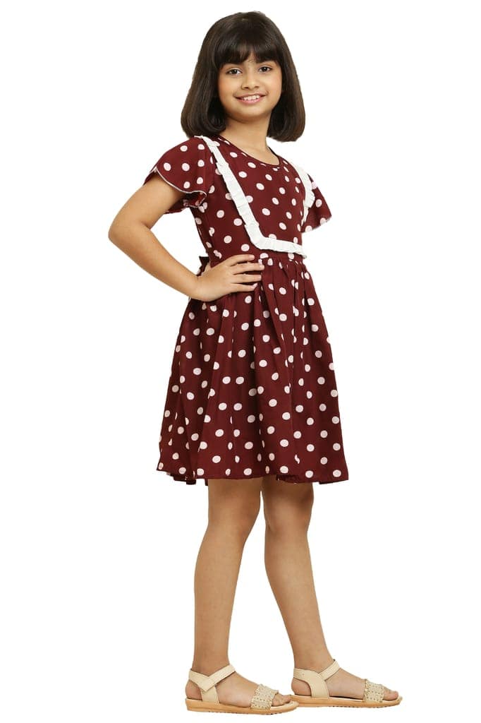 Ethnic Brown Dot Printed Frock With Lining & Frill for girls view 5