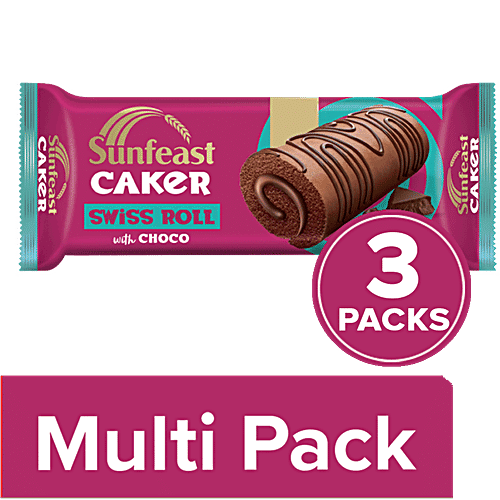 Sunfeast Caker Swiss Roll Cake - Chocolate, 3x23 g Multipack