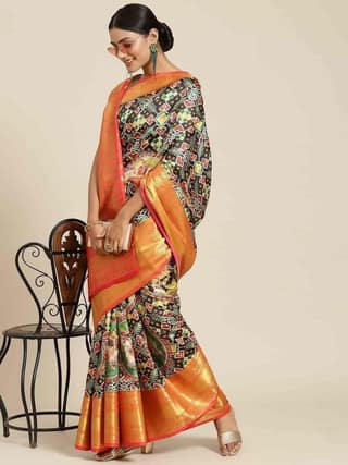 Women's Banarasi Digital Printed Zari Woven Saree with Unstiched Blouse Piece
