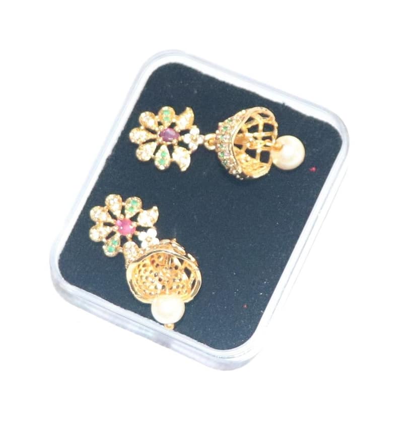 Pearl and Cubic Zirconia Flower-Shaped Drop Earrings view 3