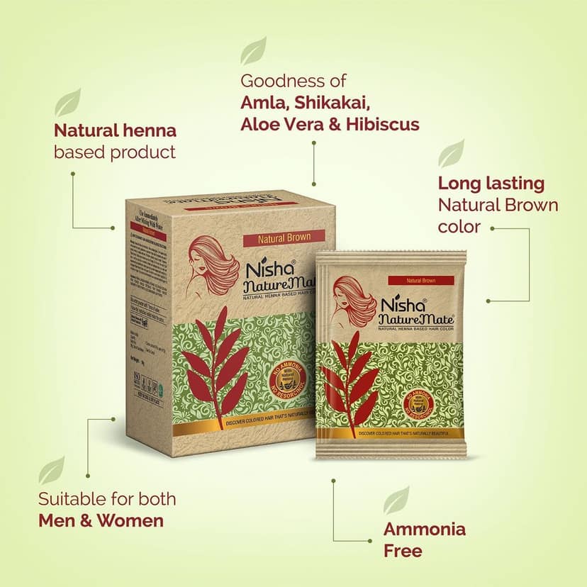 Nisha Nature Mate Henna Based Hair Color Natural Brown 90g Pack of 2 No Ammonia, No PPD, No Peroxide, 100% Grey Coverage view 5