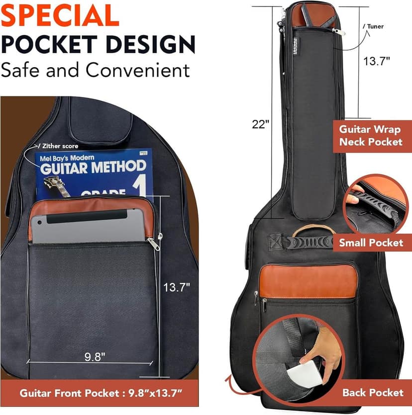 Acoustic Guitar Bag with Extra Thick 0.5-inch Padding,40 41 42 inch Gig Guitar Bag with Adjustable Shoulder Straps, Internal Neck Magic Tape, Back Hanger Loop, Waterproof Wear-resistant (Black) view 3