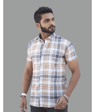 HARPITA Cotton Blend Regular Fit Checks Half Sleeves Men's Casual Shirt - Beige ( Pack of 1 )