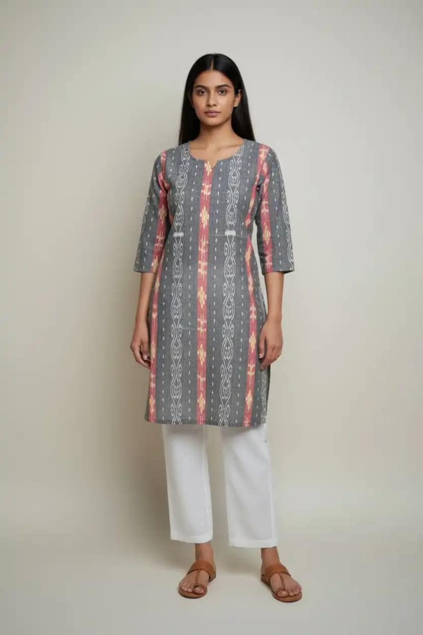 Handwoven Sambalpuri Cotton Kurti in Grey with Bandhakala Ikat